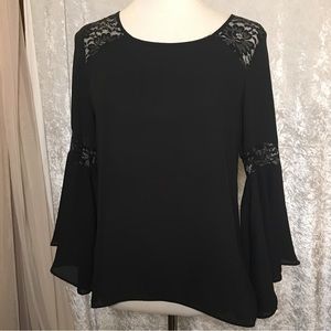 By&By Black  blouse with fluted sleeves with silver black lace  size Small